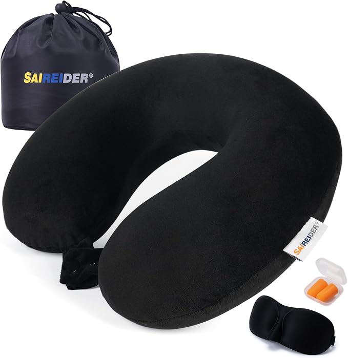SAIREIDER Neck Pillows for Travel 100% Memory Foam Adjustable Travel Pillows with Storage Bag, Sleep Mask and Earplugs-Prevent The Heads from Falling Forward (Black) by SAIREIDER