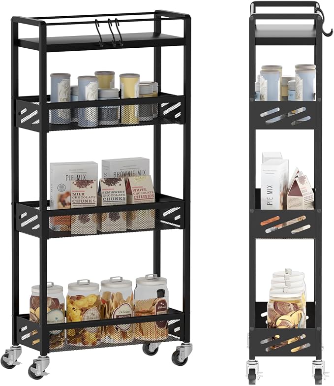DGSNADGO Slim Rolling Storage Cart, 4-Tier Narrow Kitchen Cart with Wheels | Skinny Rolling Cart, Metal Mobile Snack Shelving, Rolling Spice Rack for Small Space in Kitchen, Living Room,Bathroom, Black by DGSANDGPuttheCustomerFirst