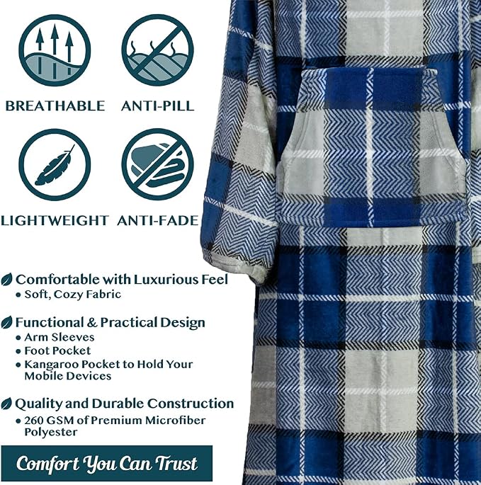 PAVILIA Fleece Blanket with Sleeves, Foot Pockets for Women Men Adults, Plush Wearable Blanket Throw Wrap, Warm Snuggle Blanket Robe, Cozy Gift Ideas Wife Mom, Plaid Navy Blue - Image 4