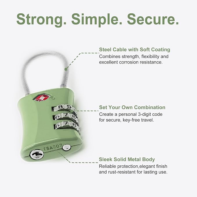 Luggage Locks TSA Approved, Airplane Travel Essentials, TSA Locks for Luggage, Suitcase, Anti Theft Small Padlock Combination, Mini Cable Padlock for Backpack, Bag Zipper, Case, Tool Box - Image 4