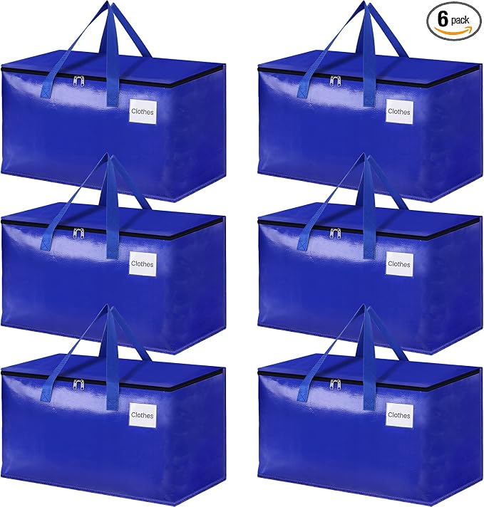 HomeHacks Moving Bags, 93L-6 Pack Heavy Duty Moving Totes | Storage Bags, Collapsible Moving Supplies, Reinforced Handles & Tag Pocket, Moving Totes with Zipper by HomeHacks