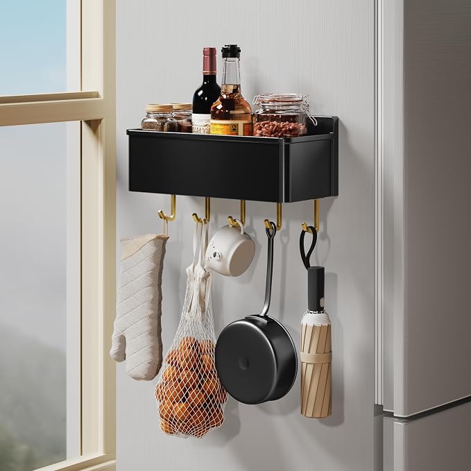 Magnetic Spice Rack for Refrigerator Large Magnet Shelf for Fridge Kitchen Organizer and Storage with 5 Removable Golden Hooks by Evemlceol