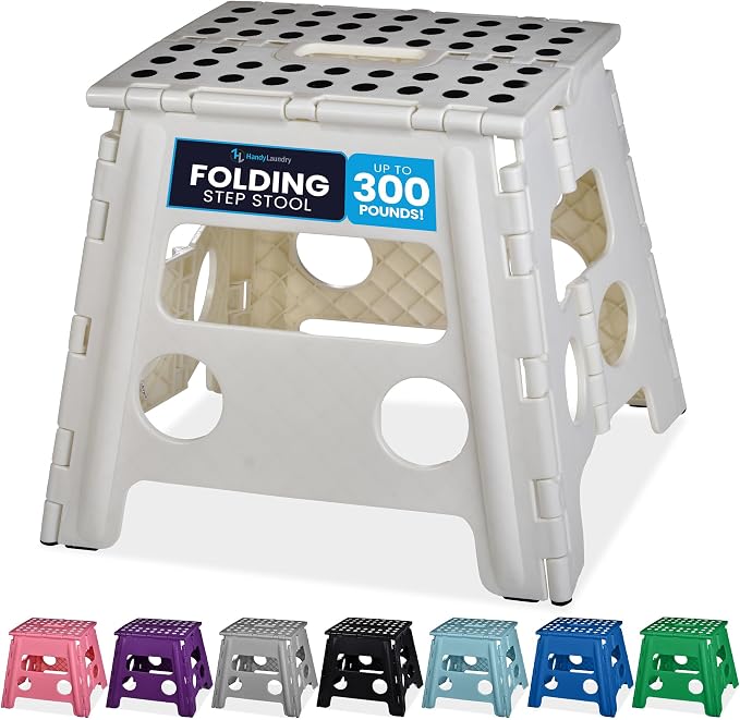 Handy Laundry Folding Step Stool 13 Inch, White, Non-Slip Holds 300 lbs | 13 Inch, White, Foldable Collapsible Step Stool, Non-Slip, Holds 300 lbs, Kitchen Bathroom Bedroom, Adults by Handy+Laundry