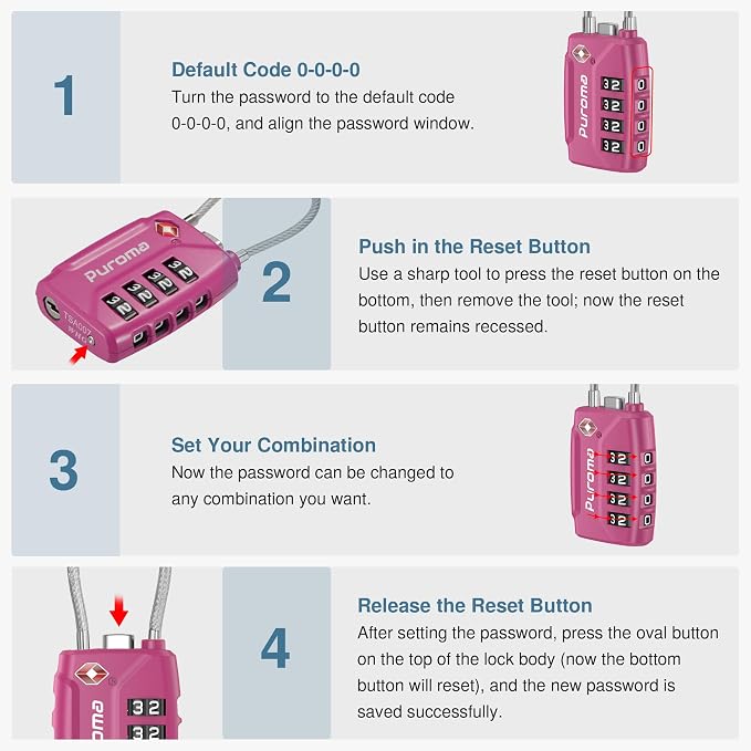 Puroma 2 Pack TSA Approved Luggage Locks 4 Digit Code Cable Lock Pink Dark | Resettable, Flexible Cable, Zipper holes, Zinc Alloy, Bright Color, Large White Numbers, Suitcase Train Travel, laptop bag - Image 6