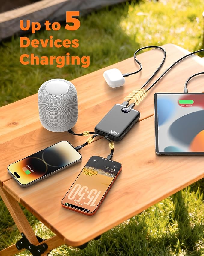 Portable Charger 10000mAh with 4 Built-in Cables 40% Smaller | Power Bank Fast Charging Battery Pack,LED Display Compact with Travel Charger for iPhone Other Devices-Black - Image 6