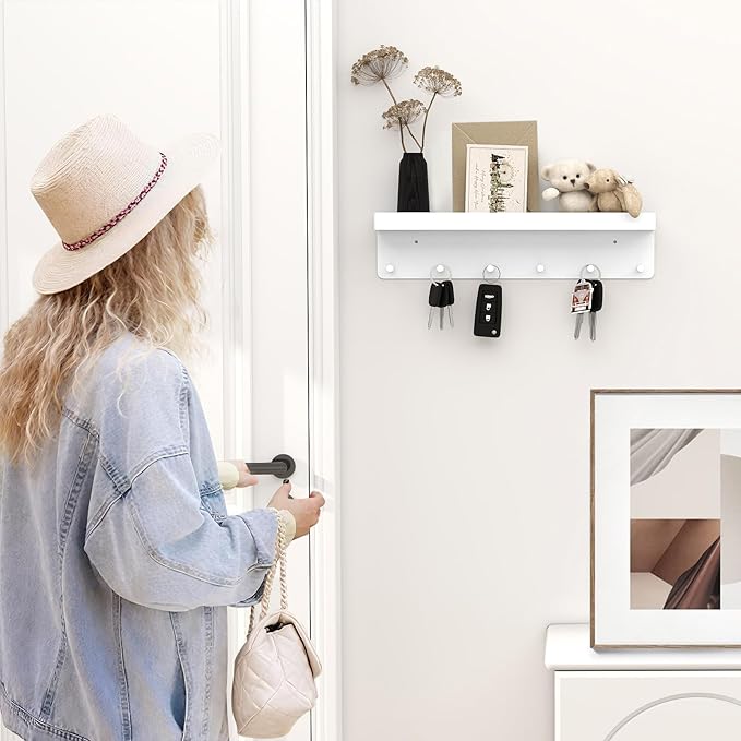 MKO Key Holder Wall Mount, Adhesive Key Hanger with 6 Hooks for Wall, White | Metal Material, Key Rack with Shelf, Wall Mount, Mail Organizer Tray, Suitable for Entryway, Hallway, Living Room - Image 2