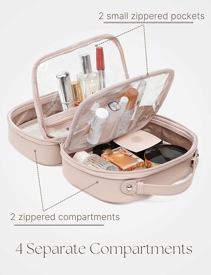 Clear Cosmetic Bag Double Layer 4 Compartments Travel Toiletry Bag Clear Makeup Bag Case with Zipper Transparent Travel Bag for Toiletries, Gift for Women Girls (Taupe, Small) - Image 3