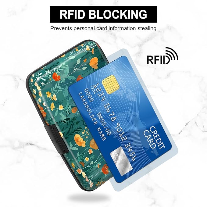Card Holder Credit Cards Holder for Women RFID wallet women Business Card Holder Wallet Mini Aluminum Card Wallet RFID Blocking Slim Metal Hard Card for Women, Flowers and Plants - Image 3