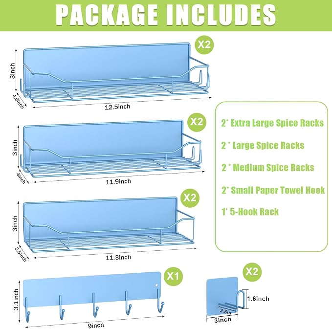 Magnetic Spice Rack for Refrigerator, 9 Pack Magnetic Fridge Shelves W/Adjustable Paper Towel Holder, Hook Rack, Moveable Spice Organizer Shelf for Kitchen Organization and Storage (Blue) - Image 2