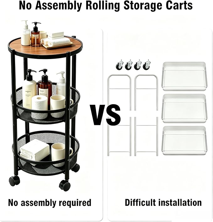 3-Tier Foldable Rolling Cart, Collapsible Metal Utility Cart with Wheels, Assembly-Free, Round Storage Organizer Trolley for Kitchen, Bathroom, Dorm, Nursery-Black - Image 3