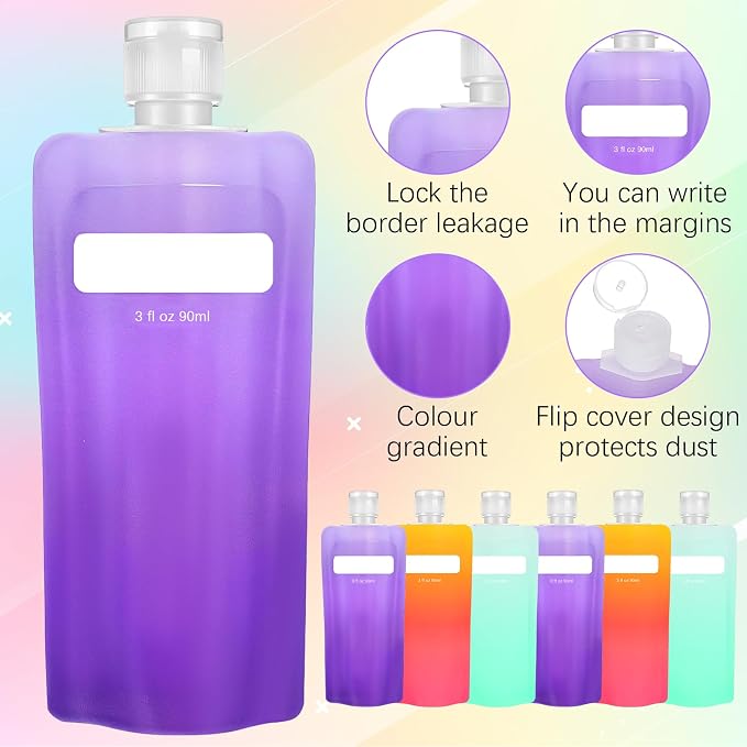 Dimeho 6 Pcs Travel Pouches for Toiletries, 3 oz Travel Size Containers Leak Proof Empty Squeeze Pouches (orange, purple and green) - Image 3