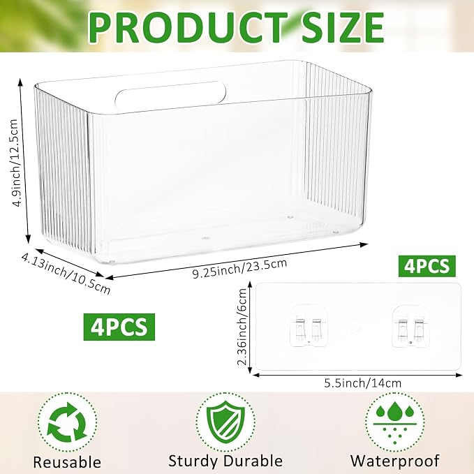 4 PCS Plastic Adhesive Mount Over Cabinet Door Organizer, Under Sink Door Storage Shelf Refrigerator Side Storage Box, Wall Organization Container for Kitchen Bathroom Office - Image 2