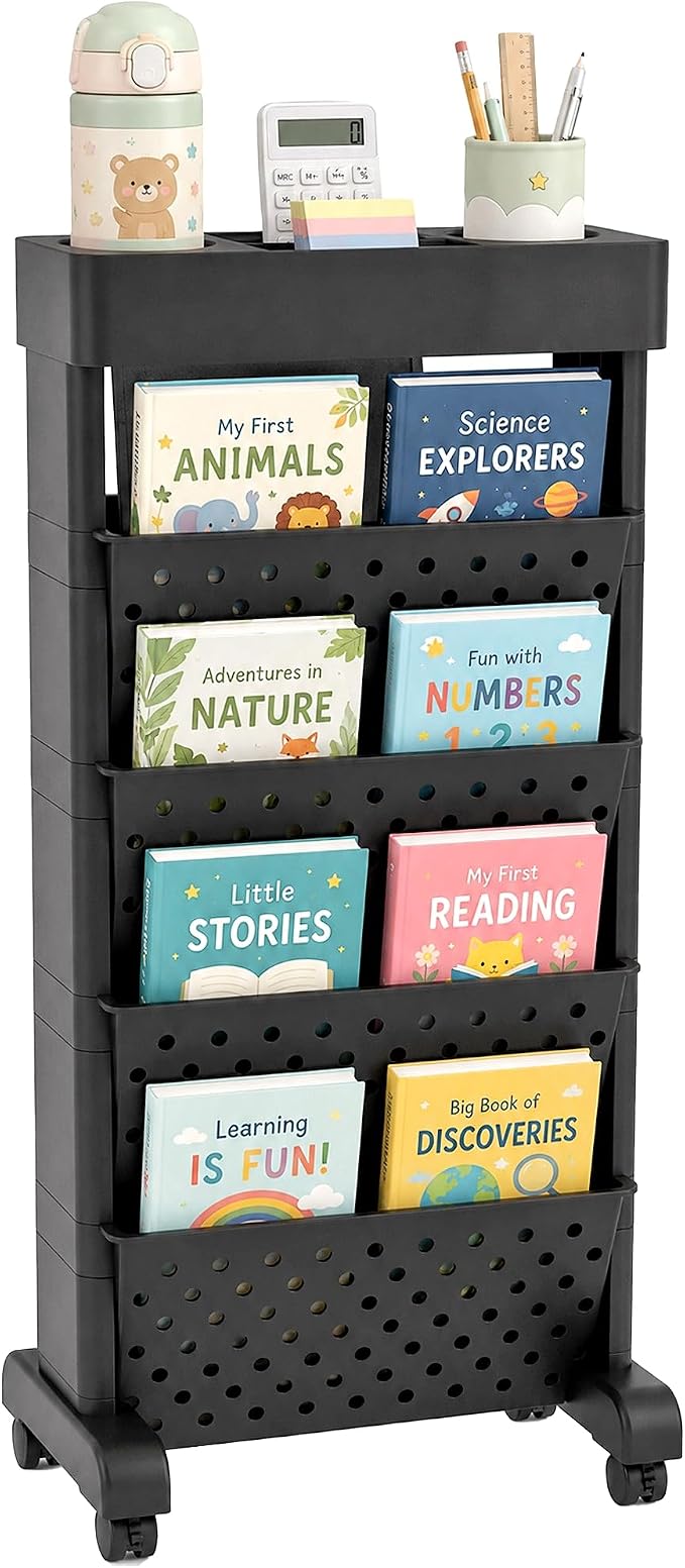 BYFU 5-Tier Movable Bookshelf Cart, 26.0" H, Black | Rolling Wheels, File Paper Storage Organizer, Mobile Bookcase, For Home Office Study Classroom by BYFU-livingasimplelife