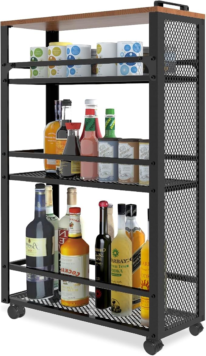 3-Tier Rolling Cart Slim - Black Laundry Bathroom Kitchen | Steel Frame, Mesh Baskets, for Small Spaces, 110 lb Capacity, 4 Wheels 2 Lockable, Utility Storage Snack Coffee Craft by fusehome