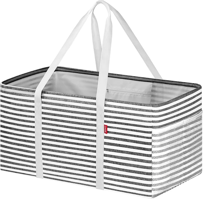 LHZK Standing Extra Large Utility Tote Bag with Metal Wire Frame and the Sides Rinforced, Extra Large Tote Bag with Handle, Reusable Grocery Bags Foldable, Beach Bag, Car Tote, Black, 26''x15''x13'' by LHZK