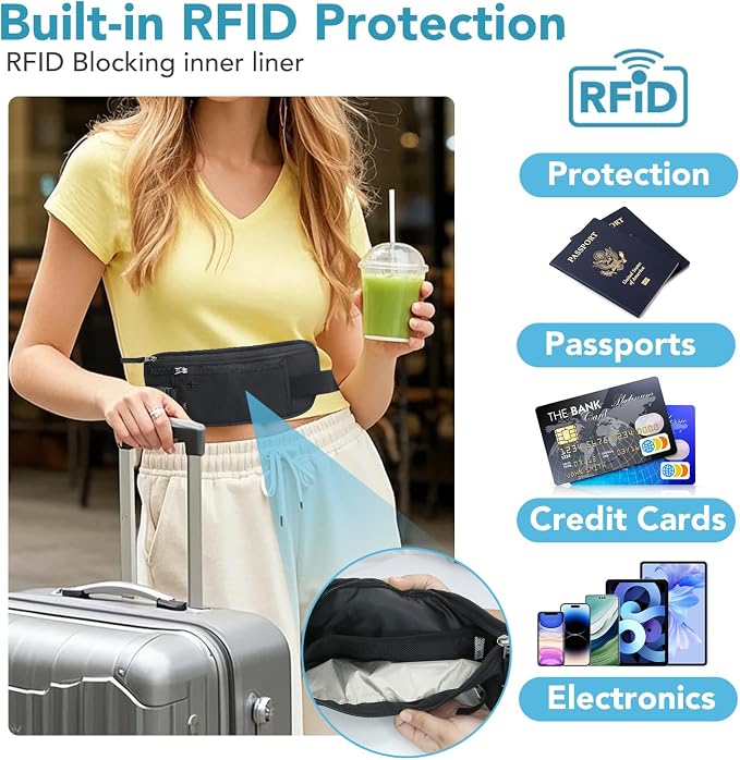 Money Belt for Travel with Anti-Theft RFID Blocking Fabric, Phone Lanyard, Upgrade Larger Hidden Passport Holder, Slim Waist Wallet Men Women,Travel Pouch Fits Passport Phone Cash Cards, Black - Image 3