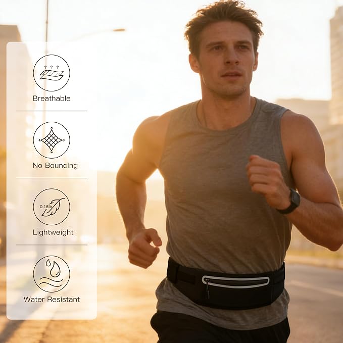 Slim Running Belt for Women Men,Phone Holder Waist Pack,Runners Fanny Pack | No-Bounce,Sweat-Proof Pocket,Travel Money Pouch for Gym/Hiking/Cycling,Three pocket,Two Highly Reflective Strips - Image 7