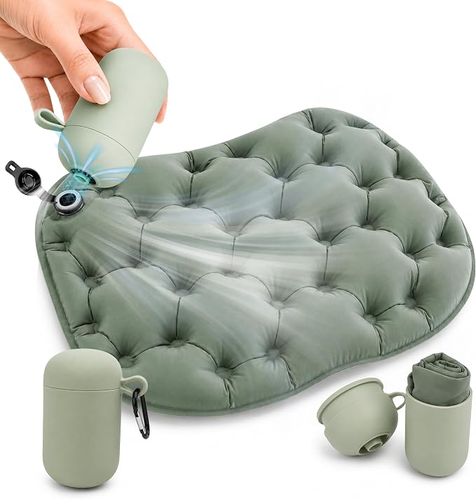 Inflatable Seat Cushion with Pump for Airplane Travel and Stadium | No Mouth-Blow Pump, 14.6 x 10.2 x 1.96 in, Water-Resistant 30D Nylon TPU, Lightweight for Travel, Camping and Hiking by Unknown