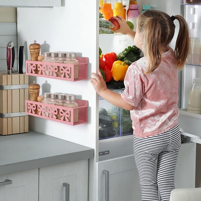 Beeveer 2 Pcs Magnetic Spice Rack for Refrigerator, Pink Bow | Magnetic, No Drilling, Pink Bow Kitchen Decor, Pink Home Accessories, 2 Sizes Metal Storage Shelf for Fridge Spices - Image 4