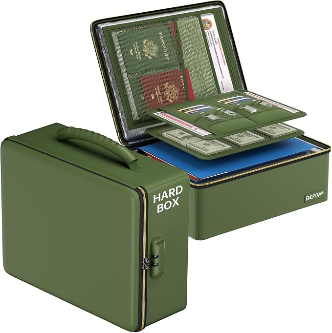 ENGPOW Fireproof Document Box with Lock & Heat-Resistant Fireproof Zipper | 6400°F 12-Layer Fire Protection, Hard File Organizer with Pockets, Portable Home Chest Safe Storage for Money,Jewelry, Green by ENGPOW