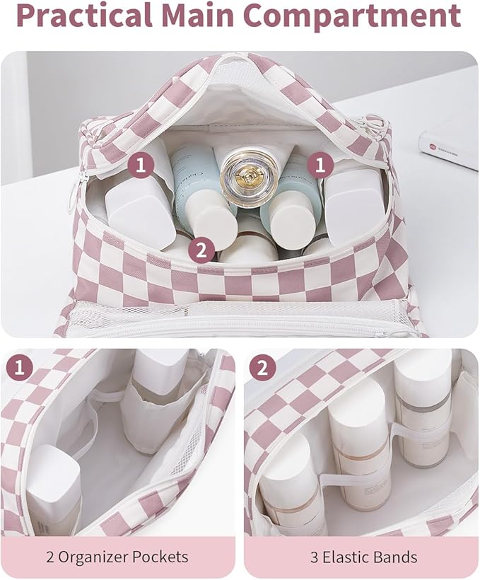 Narwey Small Hanging Travel Toiletry Bag for Traveling Women, Checkered Travel Bag for Toiletries, Makeup Bag Organizer Make Up Cosmetic Bags,Gifts for Kids Teen Girls (Dusty Pink Checkerboard) - Image 4