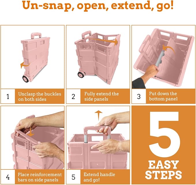 Inspired Living Ultra-Slim Rolling Collapsible Storage Pack-N-Roll Utility-carts, with Telescopic Handle, for Home, Garden, Shopping, Office, School use, Large, Raspberry Pink - Image 6