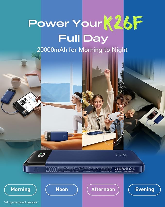 Orfeika 20000mAh Power Bank, Portable Charger with 4 Built-in Cables | 20W PD USB C Fast Charging,6 Outputs,LED Display,Flight-Safe,Travel Essentials Battery Pack for iPhone, Galaxy, iPad & More - Image 9