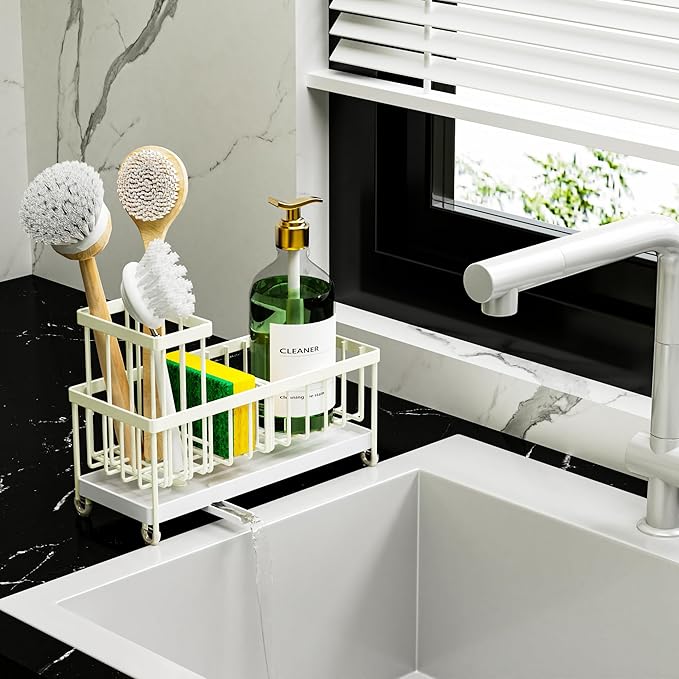 Cisily Sponge Holder for Kitchen Sink, Sink Caddy Organizer with High Brush Holder, Kitchen Countertop Organizers and Storage Essentials, Rustproof 304 Stainless Steel (Cream, 9.25″) - Image 6