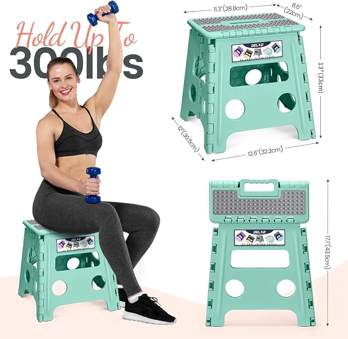 Delxo Folding Step Stool 13 Inch,300 Lbs Step Stool for Adults Green | Foldable Step Stool 13",Non-Slip Foot Stools with Handle,Lightweight Collapsible stools for Kitchen,Bathroom,Bedroom,Garden - Image 3