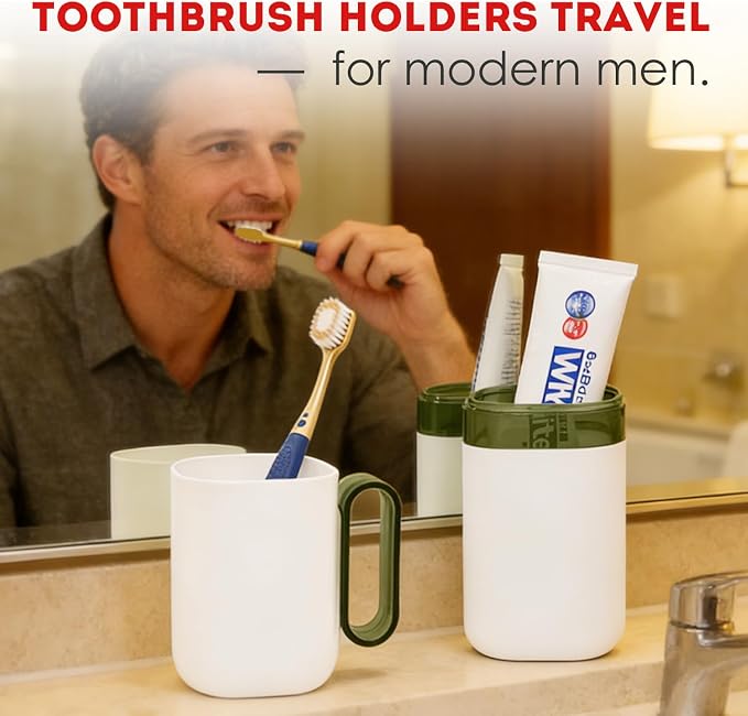 Travel Toothbrush Holder Case,Toothbrush Holder and Rinse Cup with Handle Toothbrush Travel Case, 2 in 1 Toothbrush Cup,Large Capacit Travel Toothbrush Holder with Mouthwash Cup-Green - Image 6