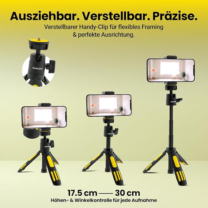 PATONA Tripod for Camera & Smartphone (30cm) | Phone Tripod for iPhone | Tripod for Android, Compact Travel Stand with Clip, Adjustable Stand for Vlogging & Video Recording, Plastic & Aluminum - Image 3