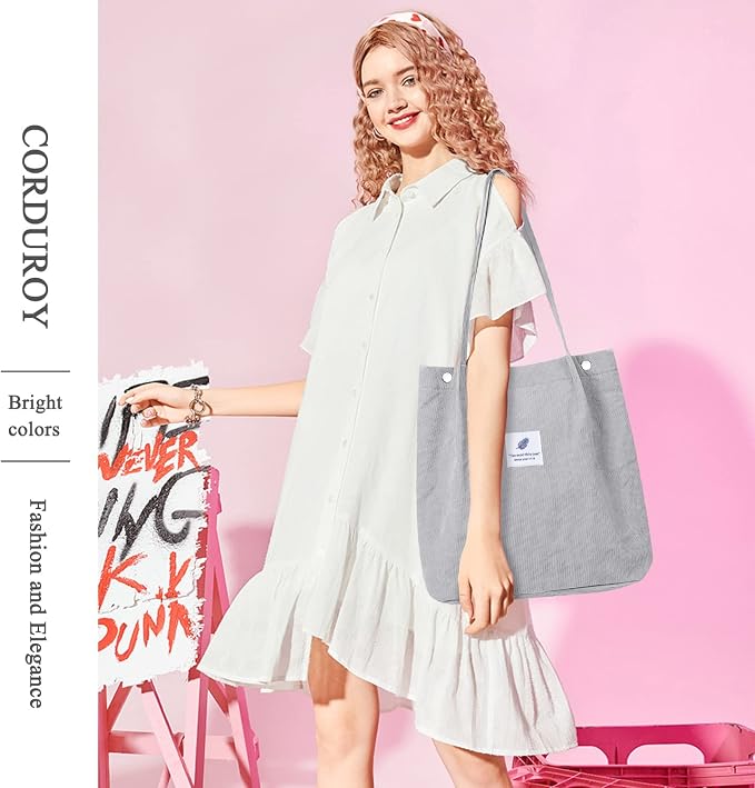 LHMTQVK Corduroy Tote Bags for Women, Large Capacity Tote Purse Reusable Grocery Shoulder Bag with Inner Pockets - Image 6