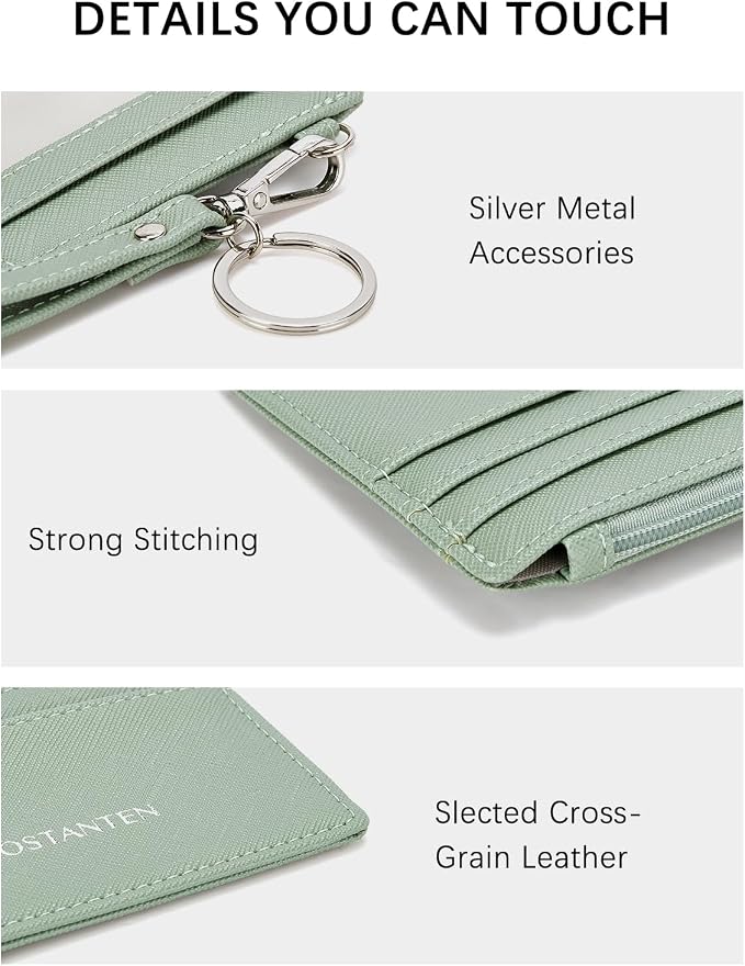 BOSTANTEN Credit Card Holder RFID Small Wallet for Women with Keychain | Slim, Wristlet, Zipper Coin Pocket, Pocket-Friendly, Vegan Leather, Minimalist, Gifts, Light Green - Image 3