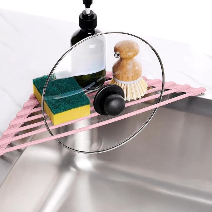 Tomorotec Triangle Roll Up Dish Drying Rack with Silicone Coating, Pink | 304 Stainless Steel with BPA-Free Silicone, Triangle Design Maximizes Sink Corner Space, Fits Compact Kitchens And RVs - Image 4