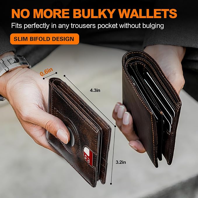 Wallet for Men Slim RFID Blocking Bifold Carbon Fiber,Minimalist Small Compact Front Pocket Credit Card Holder,Thin Mens Leather Wallets Smart Security With 2 ID windows 1 Cash (Retro Black & Brown) - Image 5