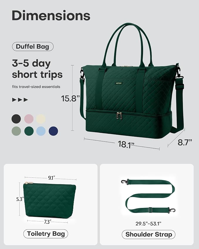 HOTOR Travel Duffel Bag - Weekender Bags for Women, Carry On Gym Tote Bags | with Toiletry Bag & Shoe Compartment, Overnight Bag for Travel Essentials, Travel Accessories, Dark Green, 15.8"×18.1"×8.7" - Image 4