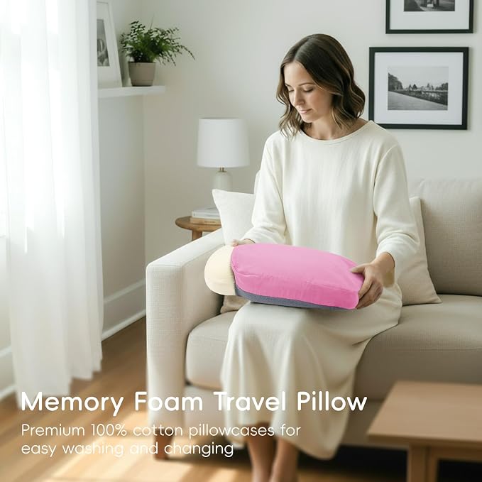 urnexttour 4-in-1 Travel Pillow & Blanket Set with Eye Mask, Memory Foam Neck Support, 50x65 Inch Blanket, Storage Bag for Airplane, Car, Train, Home Travel Pink - Image 5