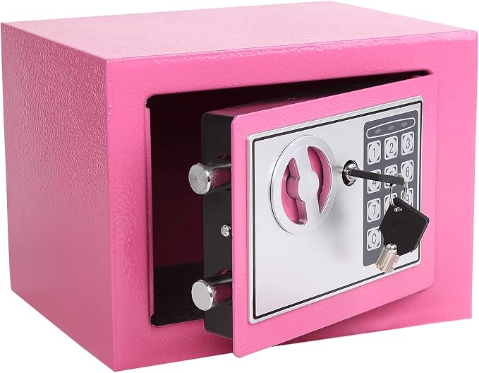 Yuanshikj Small Steel Security Safe Box with Keypad,Key;0.23 Cu Ft, Pink | Electronic Digital Secure,9.1" W x 6.7" D x 6.7" H,Hidden for Home Dorm Apartment Hotel Office Cash Jewelry Storage by Yuanshikj