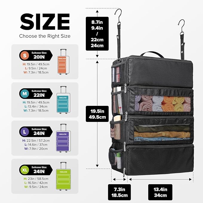 Vokelater Suitcase Organizer - Travel Luggage Organizer with Hanging Shelves & Packing Cubes - Collapsible, Portable, Carry-on, Medium, Black - Image 2