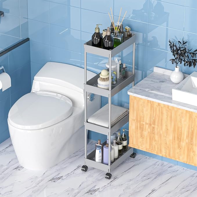 Sooyee 4 Tier Wide Storage Cart, Rolling Utility Cart Grey | Mobile Shelving Unit Organizer with Wheels, Slide Out Storage, Tower Rack, For Kitchen Bathroom Laundry - Image 5