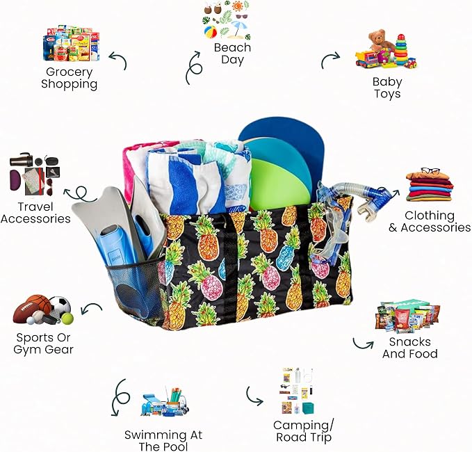 Extra Large Utility Tote Bag - Oversized Collapsible Reusable Wire Frame Rectangular Canvas Basket With Two Exterior Pockets For Beach, Pool, Laundry, Car Trunk, Storage - Pineapple - Image 4