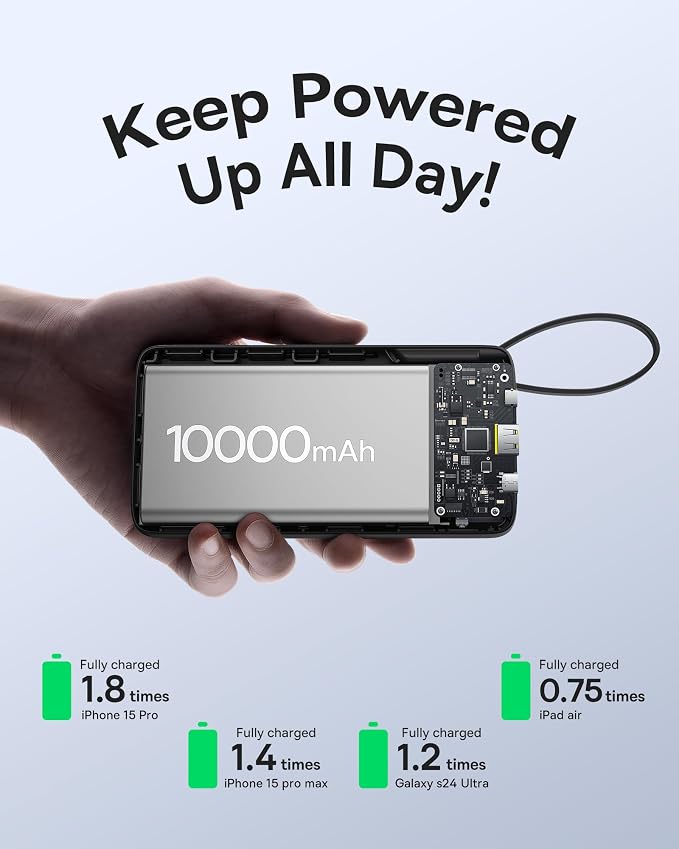 Baseus Portable Charger, 10000mAh Fast Charging Power Bank, 22.5W PD3.0 QC3.0 Battery Pack Built-in USB C Braided Cable, Travel Essentials for iPhone 17 16 15, iPad, S25/S24, Indoor/Outdoor, Travel - Image 6