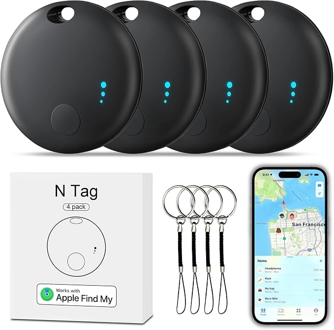 Tracker Tag 4 Packs Bluetooth Tracker, Smart Tag Locator Tracking Device, Keys Finder and Item Locator,Air Tracker Item Finders with Find My(iOS Only) Track Your Keys (Black, 4 Pack) by Unknown