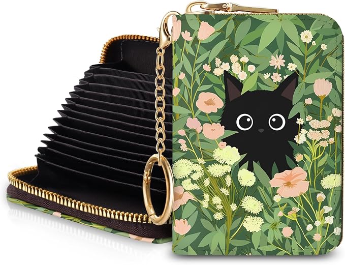 Blusabaca Women's Black Cat Floral RFID Wallet, Waterproof, Leather, 12 Card Slots, 2 Pockets for Coins, 2.5 in x 3.5 in | Removable Keychain, Case with Zipper, Vegan PU Leather, Cash Coin Pocket, Business Accordion Purse, Ladies Female Gift by Blusabaca