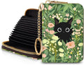 Blusabaca Women's Black Cat Floral RFID Wallet, Waterproof, Leather, 12 Card Slots, 2 Pockets for Coins, 2.5 in x 3.5 in | Removable Keychain, Case with Zipper, Vegan PU Leather, Cash Coin Pocket, Business Accordion Purse, Ladies Female Gift by Blusabaca