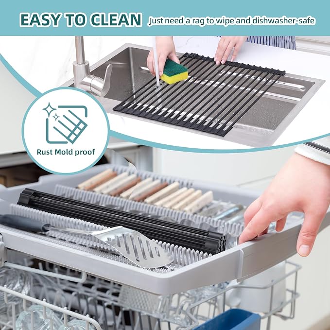 Ohuhu Roll Up Dish Racks, 16.5" L x 13" W Over The Sink Dish Drainer Drying Rack Kitchen Sink Organizer Silicone Wrapped Large in Sink Dish Drying Rack Foldable Rolling Drain Mats Anti-Slip - Image 5