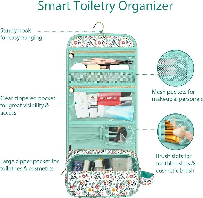 FINTIE Portable Toiletry Cosmetic Travel Bag Hanging Makeup Organizer | Large Water Resistant Storage Pouch Case, For Women Girls, Spring - Image 2