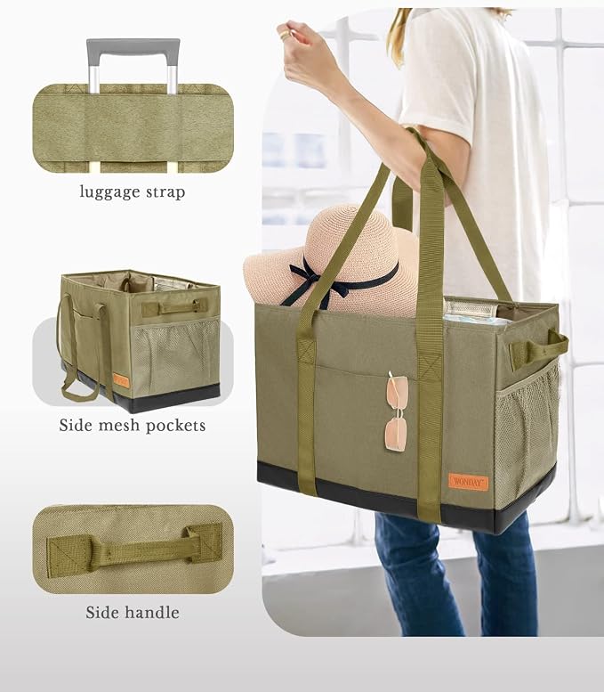 WONDAY X-Large Utility Tote Bag, Standing Reusable Grocery Bag | 22x11x13.5in, 50L capacity, holds 100lbs, collapsible, fabric with leather bottom, for beach travel storage - Image 5