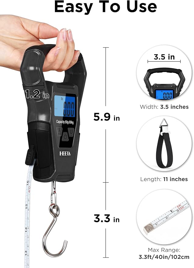 HEETA Waterproof Fish Scale Digital Hanging Fishing Luggage Weight Scale | Up 110lb/50kg Portable Scale with Backlit LCD Display, for Home & Outdoor, Measuring Tape and 2 AAA Batteries Included - Image 2