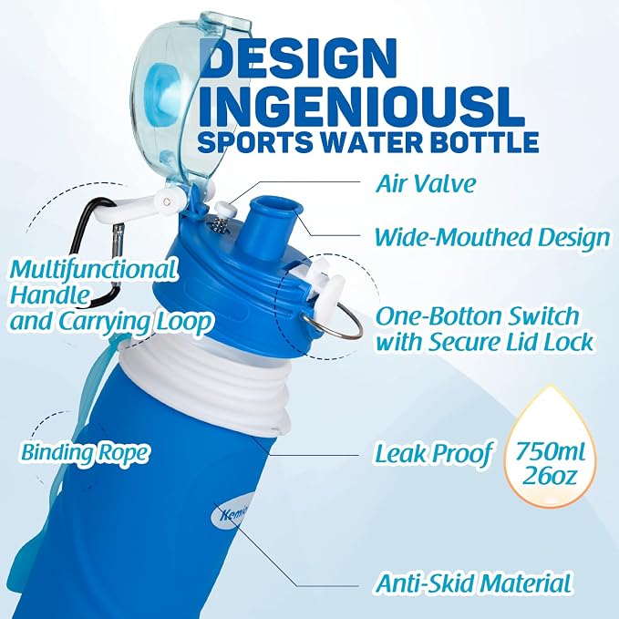 Collapsible Silicone Water Bottles-750ML,Medical Grade,BPA Free Travel Water Bottle Can Roll Up,26oz,Leak Proof Foldable Sports & Outdoor Water Bottles - Image 7
